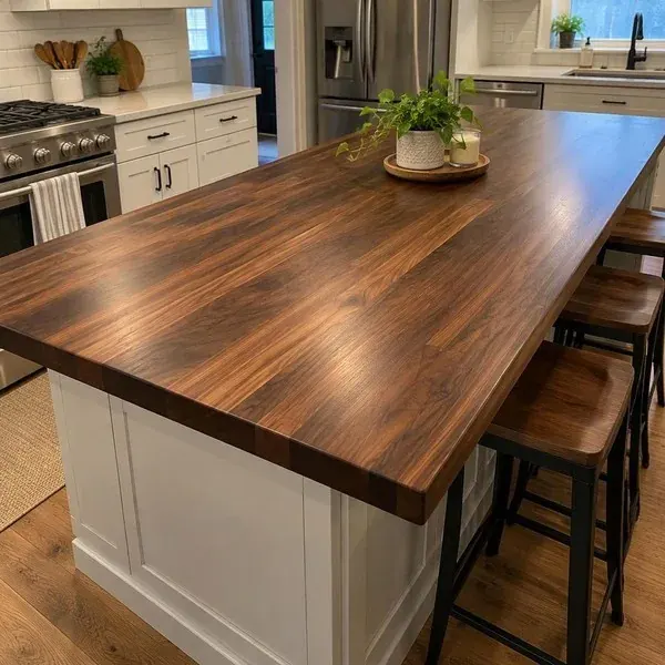 Walnut butcher block island top Walnut butcher block island top with rich brown grain, a premium butcher block countertop species