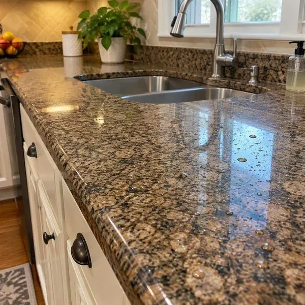 Water beading on a freshly sealed brown granite countertop beside an undermount sink in Baltimore
