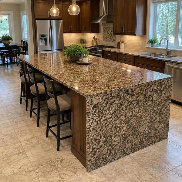 Waterfall island with a seating overhang in a modern Baltimore kitchen with stone countertops