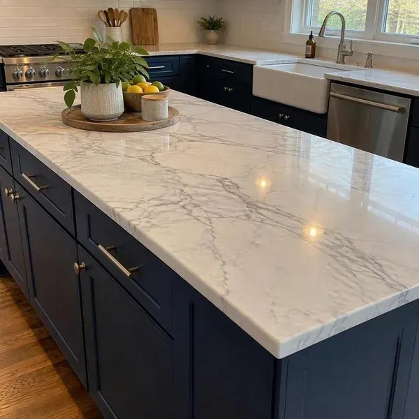 White marble countertop over navy blue cabinets, one of several countertop materials for Baltimore kitchens