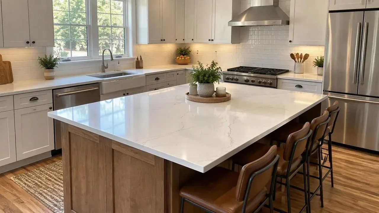 White quartz kitchen countertops in window daylight after a kitchen countertop installation in Baltimore